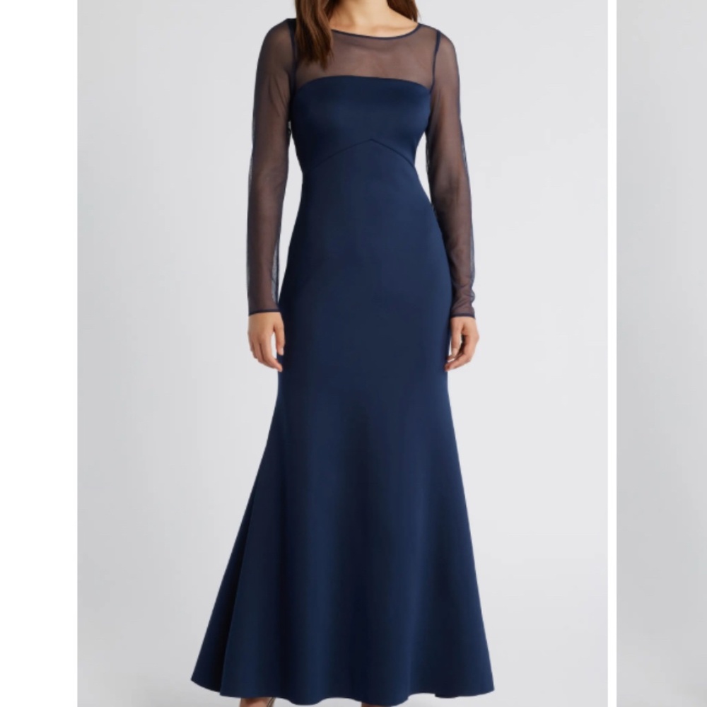 Rosette Mesh Trim Long Sleeve Gown Navy Size 2 by Eliza J